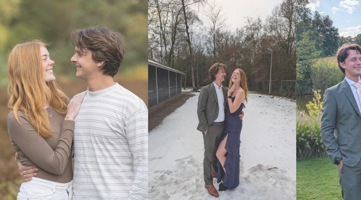 Tjitske en Mark in het bos, op een zandpad in avondkleding, en Mark in de tuin