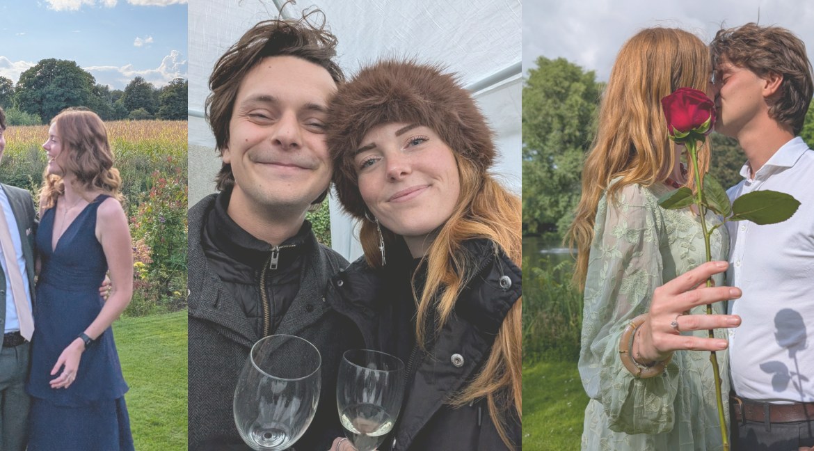 Op een bruiloft in het veld, samen met een glas wijn, en een kus achter een roos