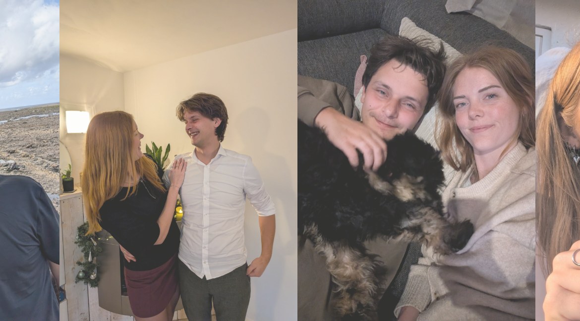 Aan zee, samen thuis in de keuken, en met de kat op de bank